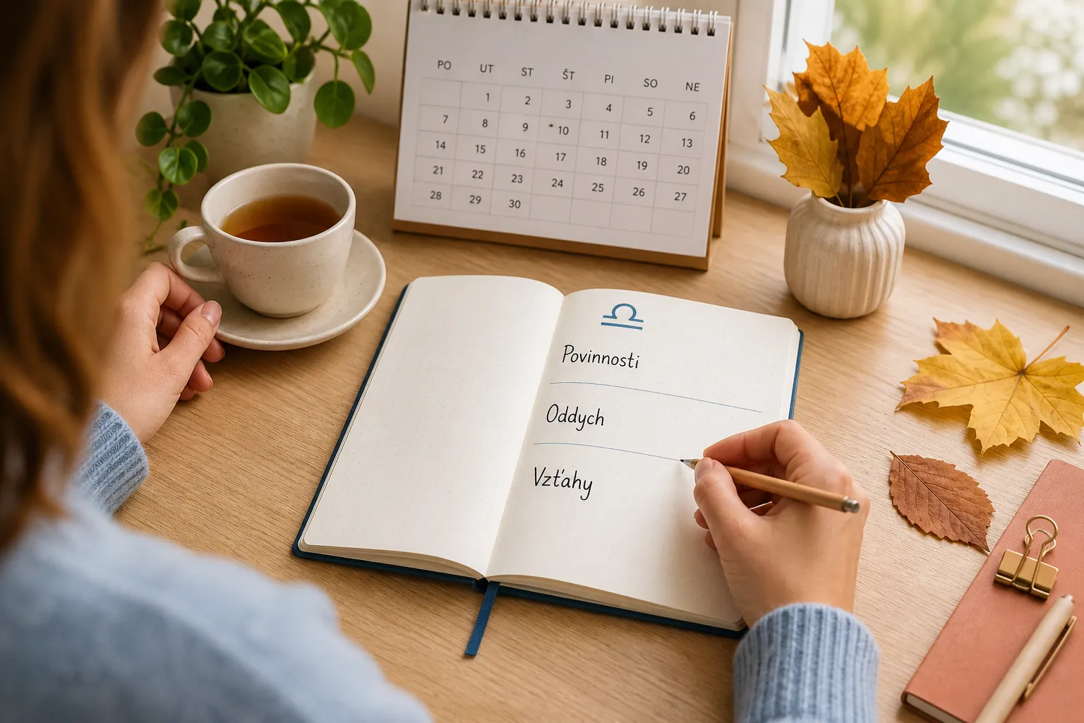 Libra balance reflection notebook and autumn planning desk