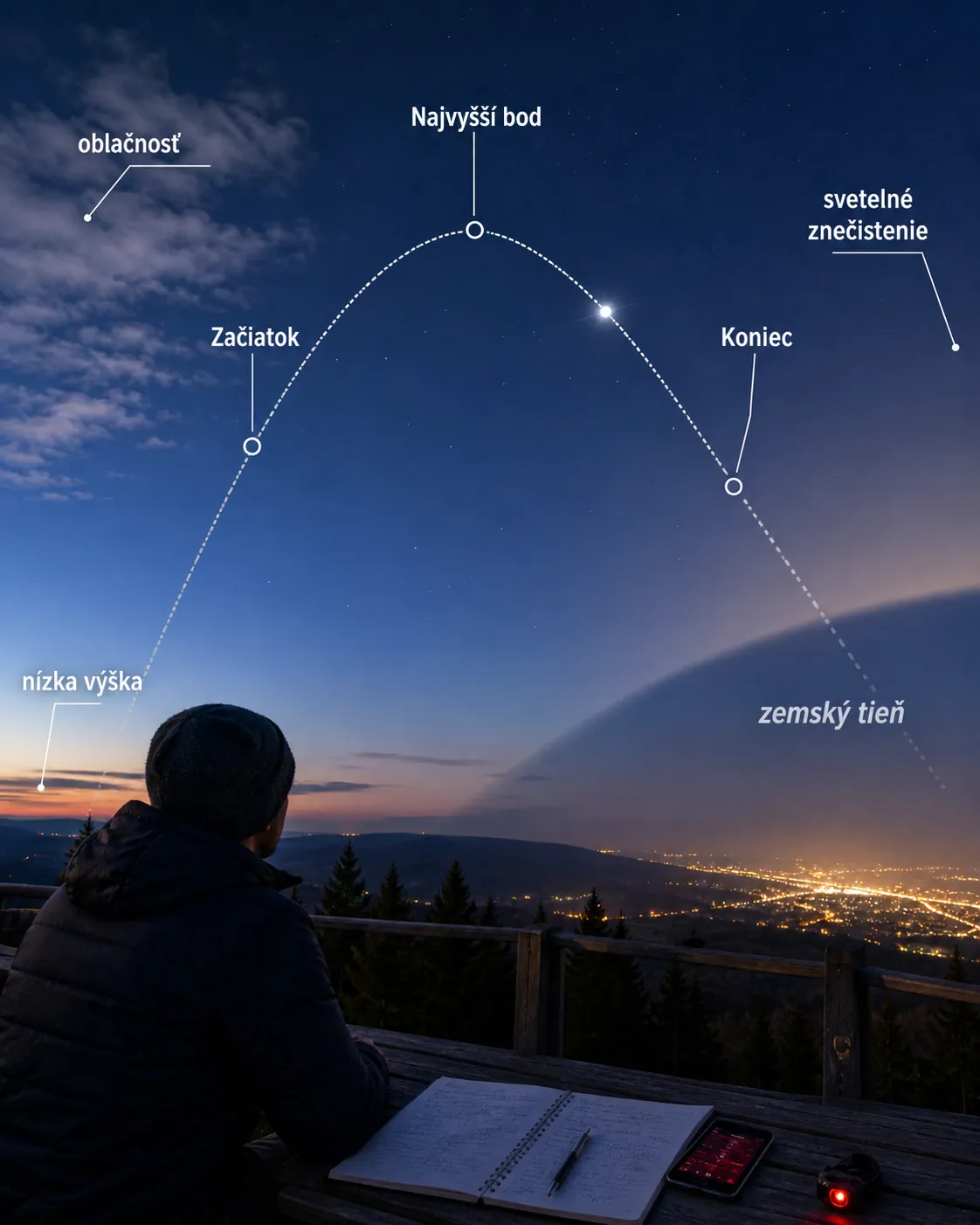 observer verifying a predicted satellite track against the real night sky