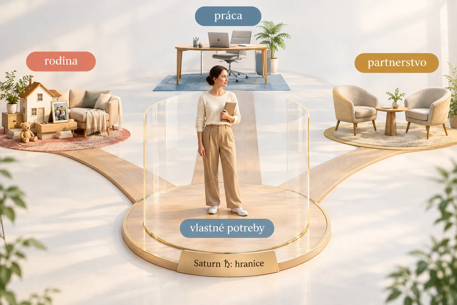 three dimensional scene of a person balancing family work and partnership roles
