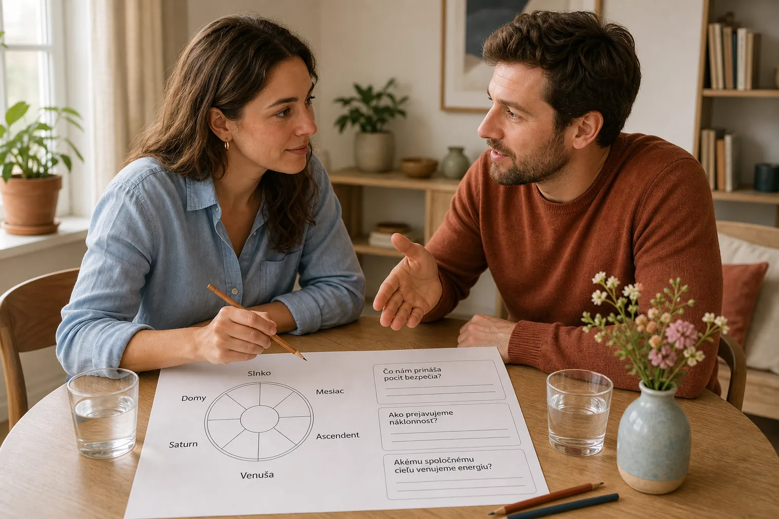 couple discussing emotional needs beside a relationship chart