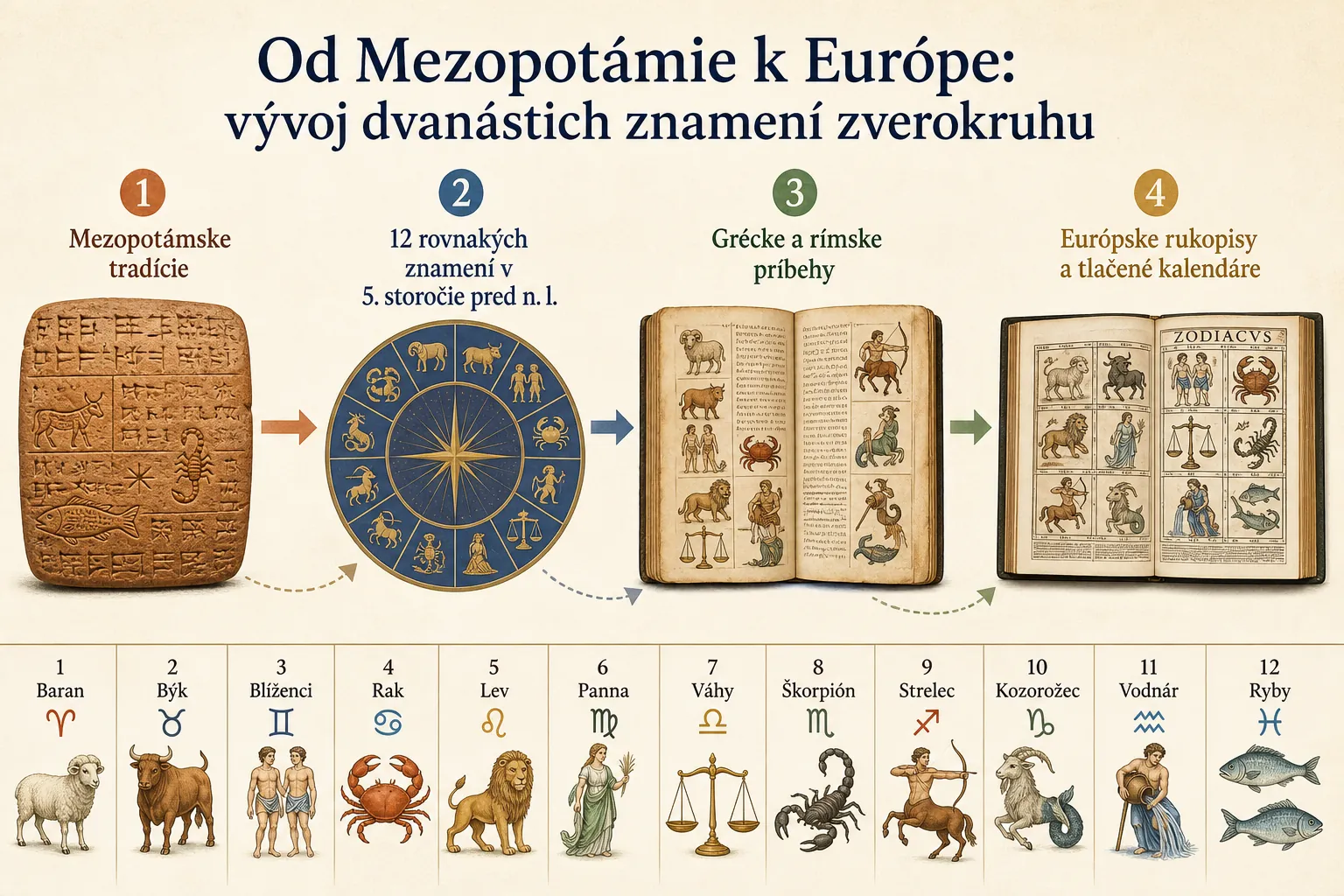 historical timeline of the twelve zodiac signs from Mesopotamia to Europe