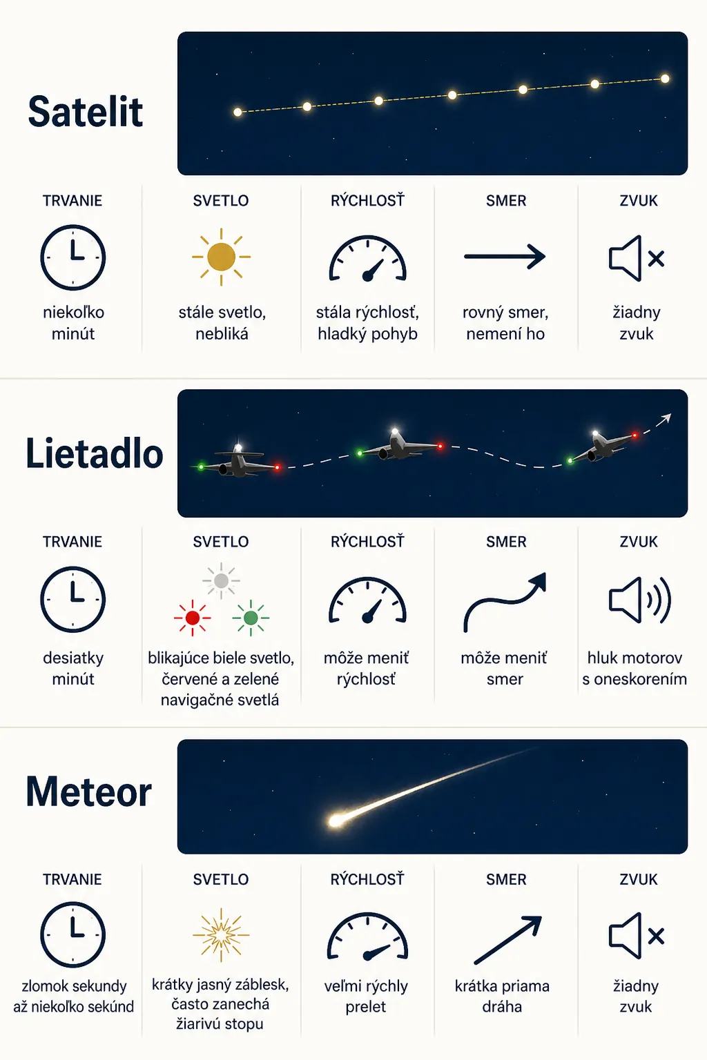 comparison of satellite aircraft and meteor movement