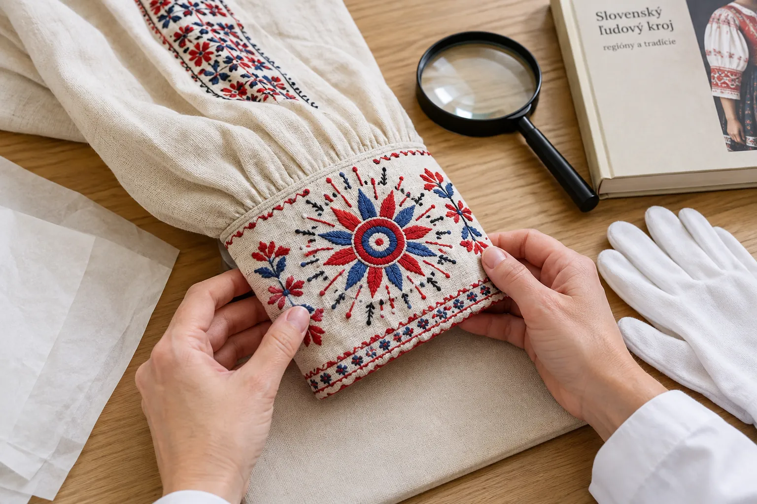 bright Slovak folk embroidery with sun rosette motifs