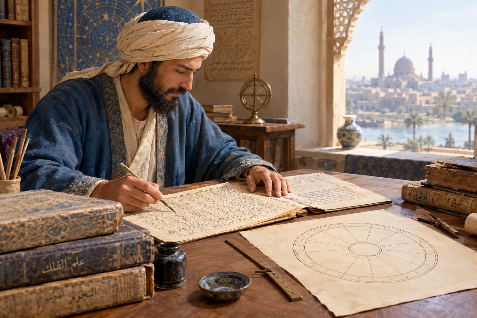 medieval scholar consulting tables before drawing a birth chart