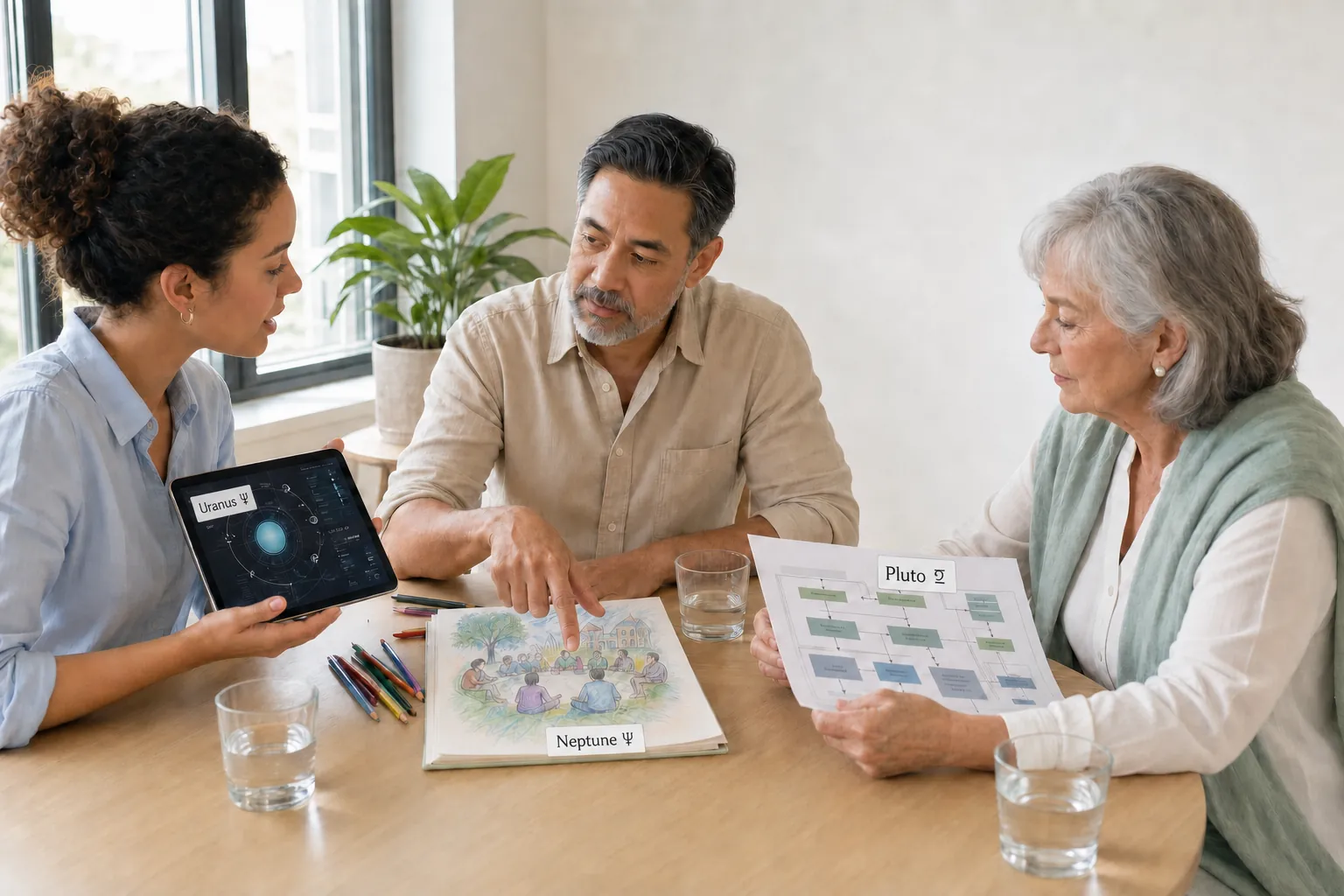three generations discussing technology creativity and social change