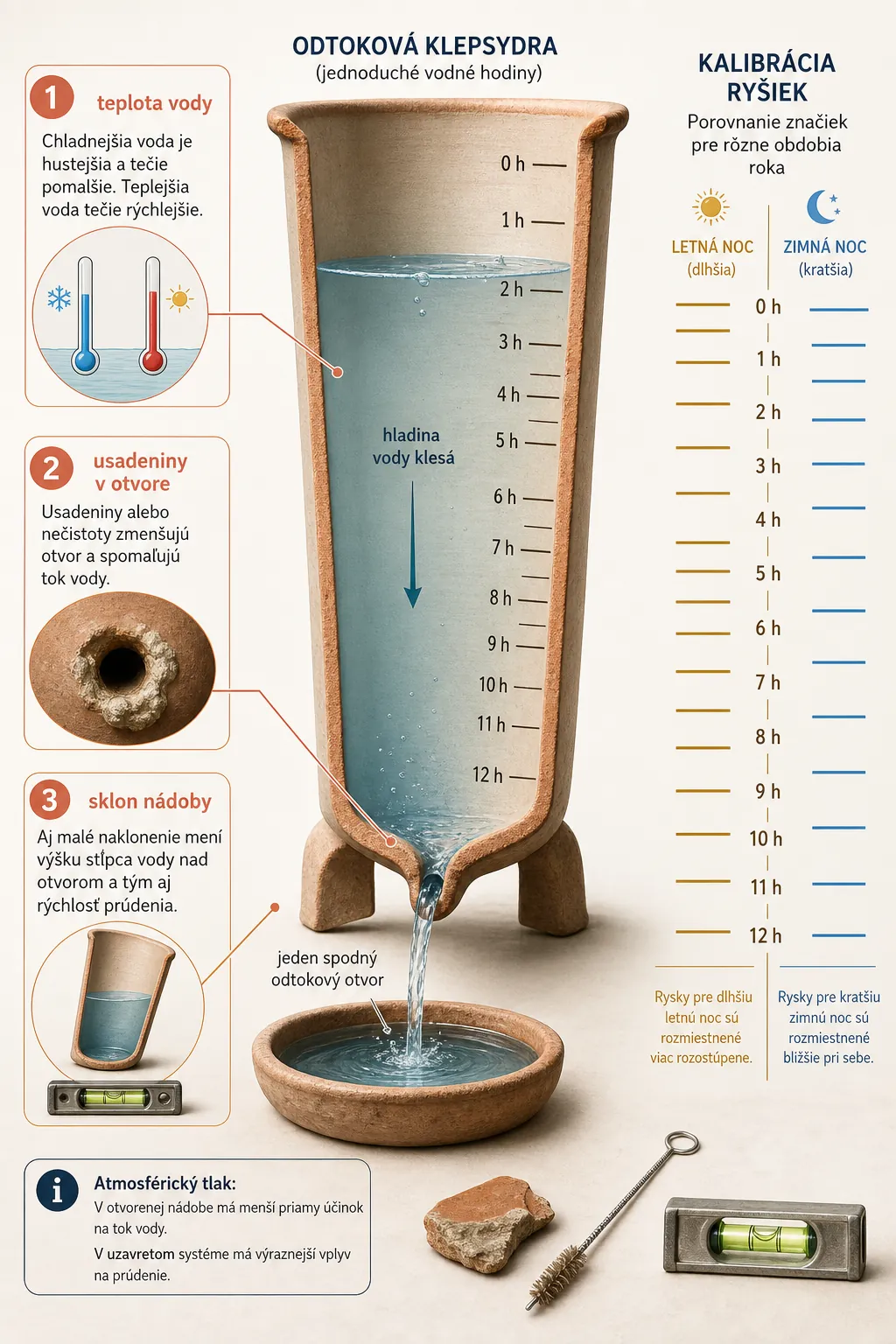 calibrated water clock showing changing flow and seasonal hour marks