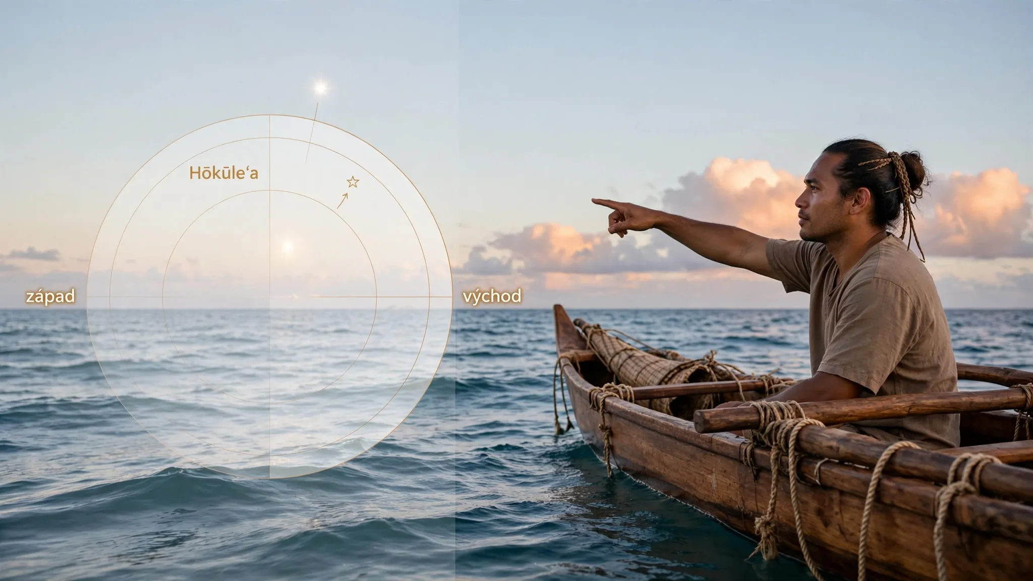 Polynesian navigator using a star compass at sea