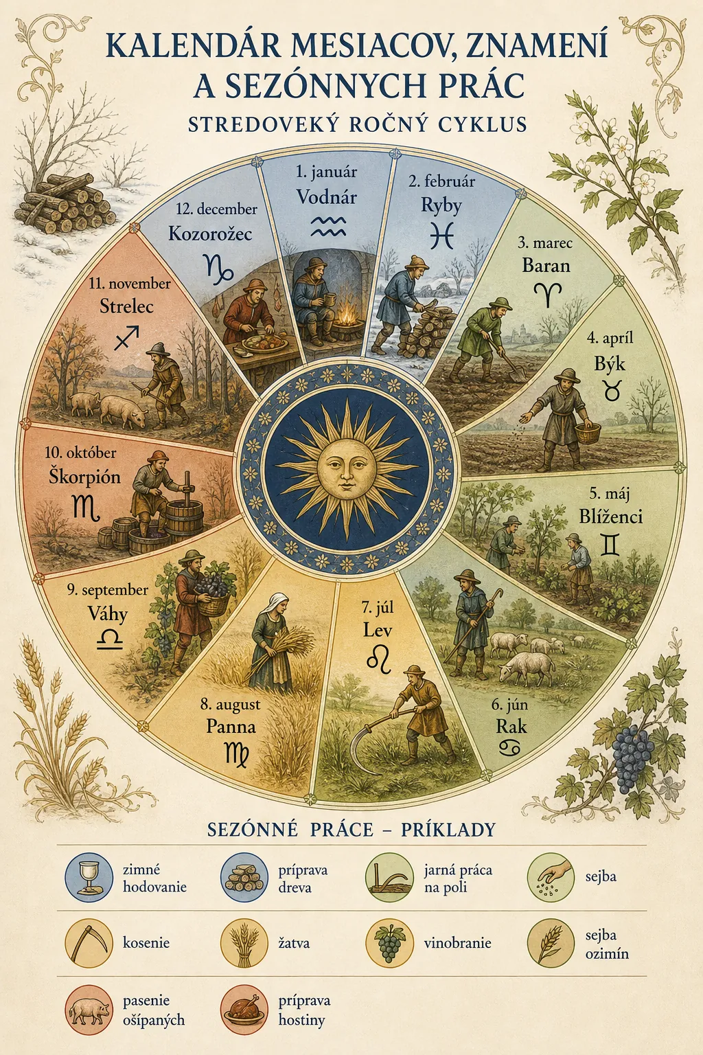medieval calendar linking zodiac signs months and seasonal labors