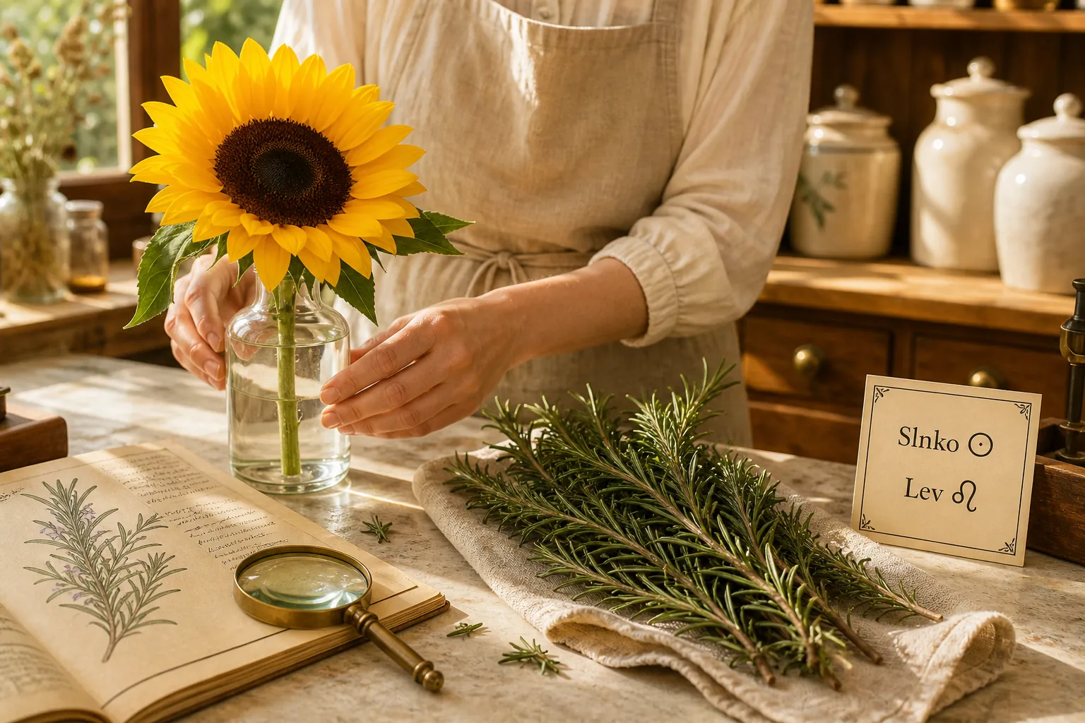 sunflower and rosemary in a bright historical apothecary