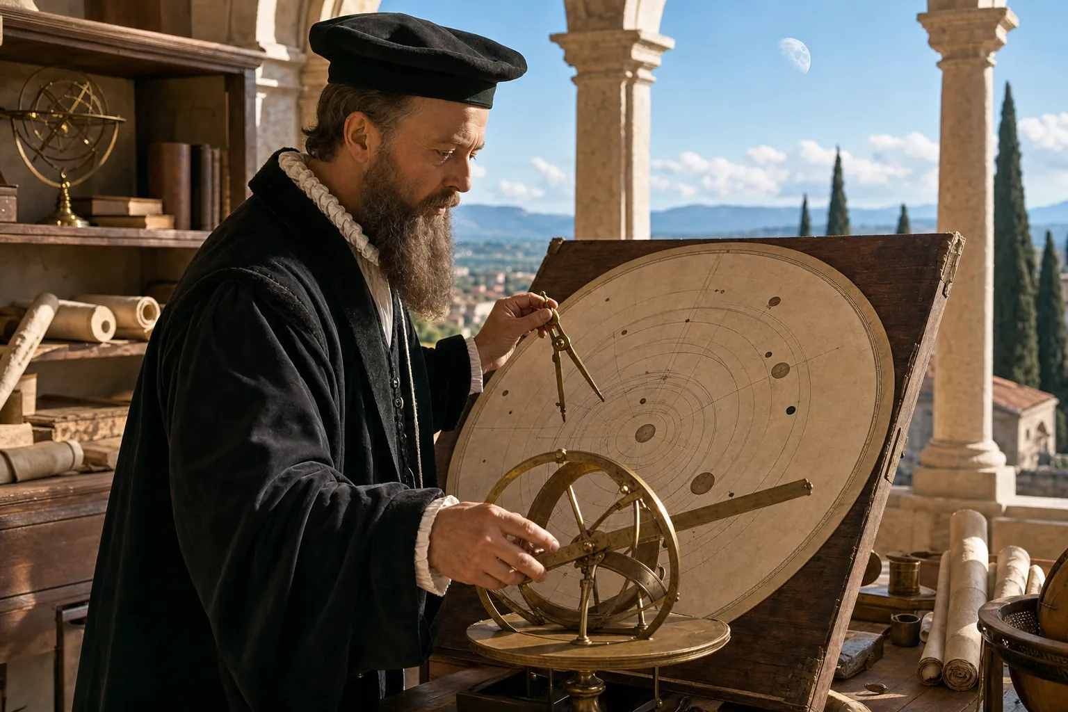 Nostradamus zostavujúci horoskop pri renesančnom astrolábe a kruhovej mape oblohy