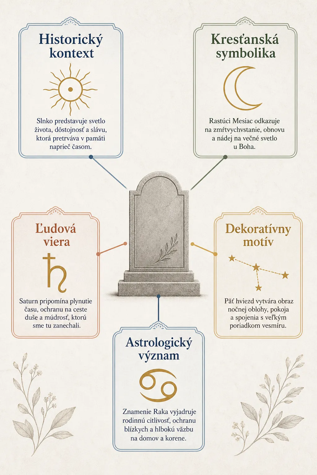 editorial infographic showing symbolic layers of cemetery celestial motifs