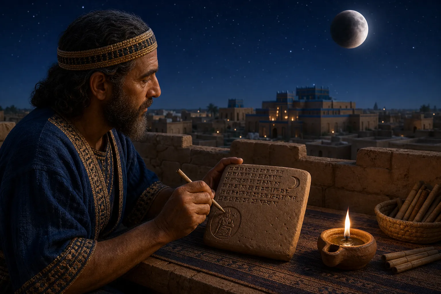 Babylonian court astrologer studying the night sky