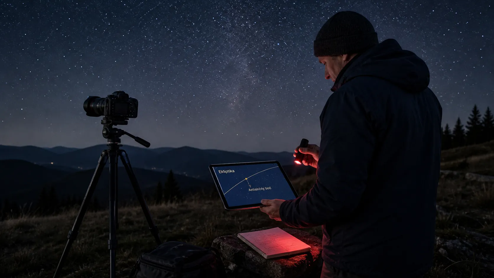 night observer preparing to locate the antisolar point
