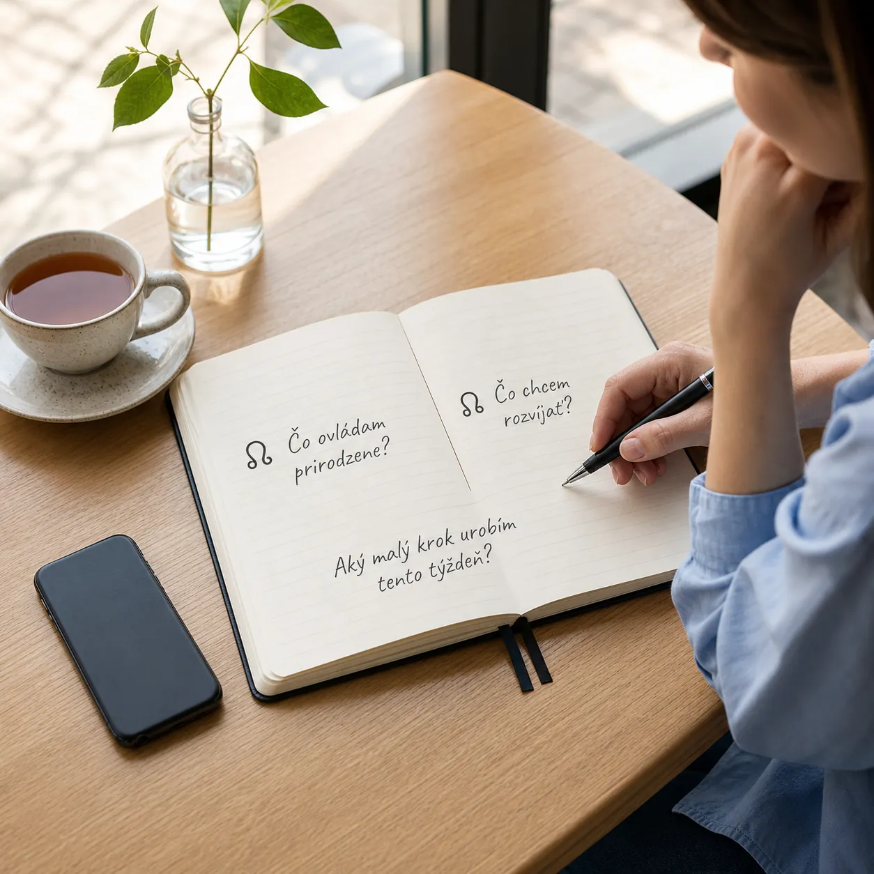 person reflecting on practical life choices with astrology journal