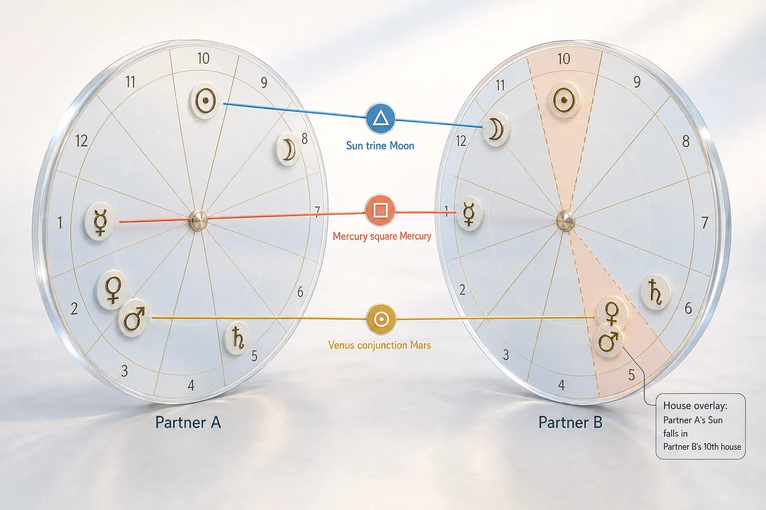 two birth charts connected through planetary aspects and house overlays