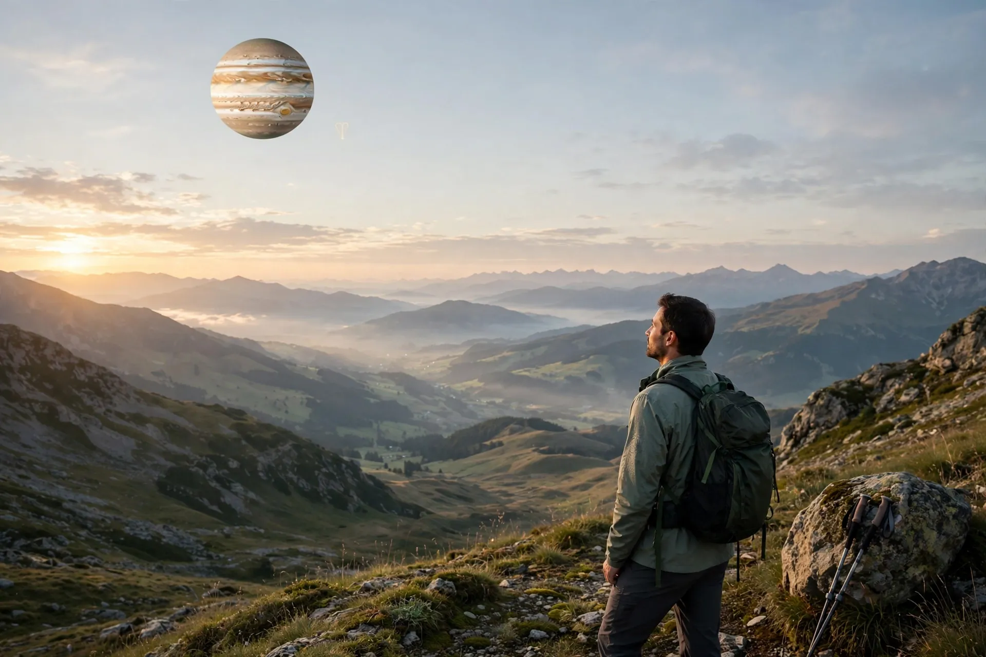 jupiter above a mountain landscape at sunrise
