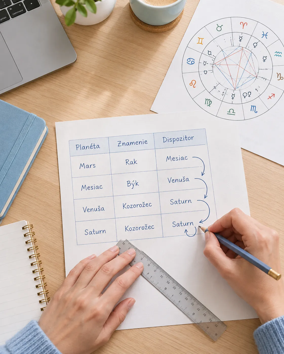 person mapping a natal chart with ruler connections
