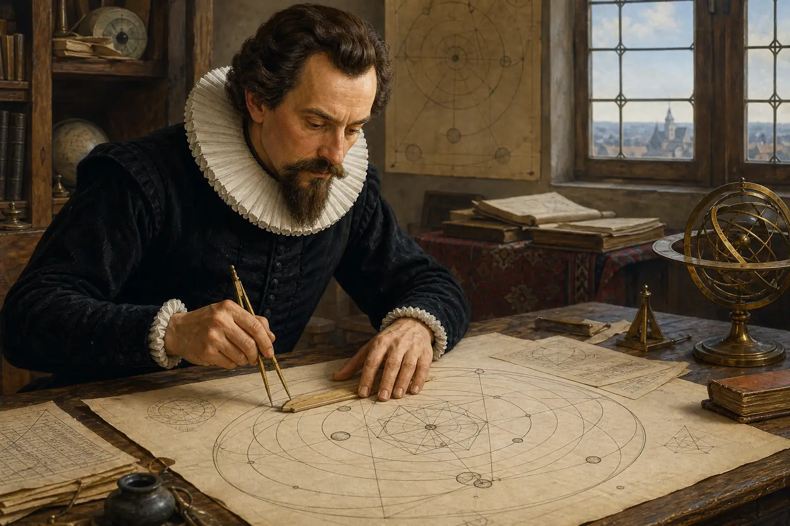 Johannes Kepler pri geometrickom nákrese planetárnych aspektov