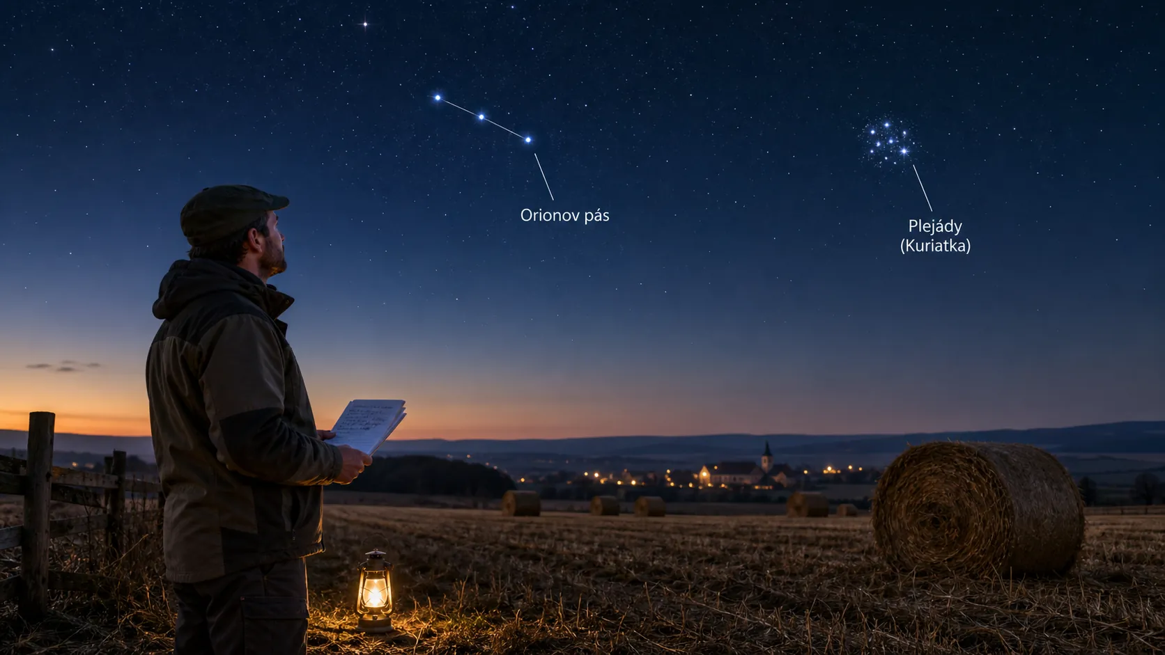 stargazing farmer observing Pleiades and Orion above autumn fields