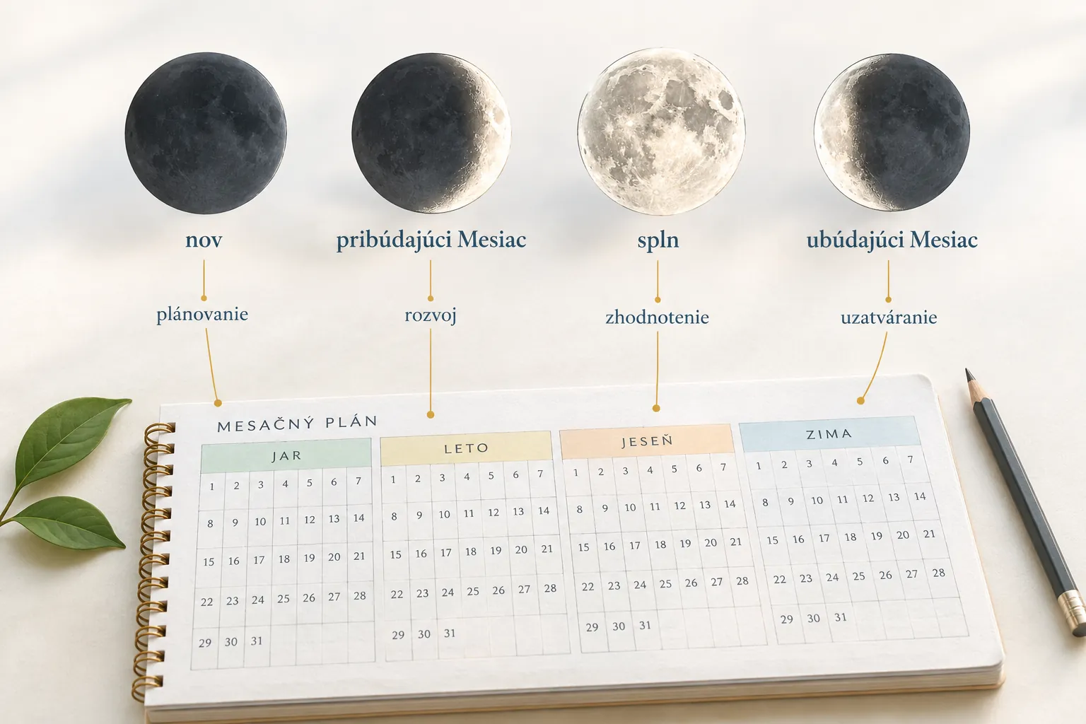 four lunar phases above a seasonal paper planner