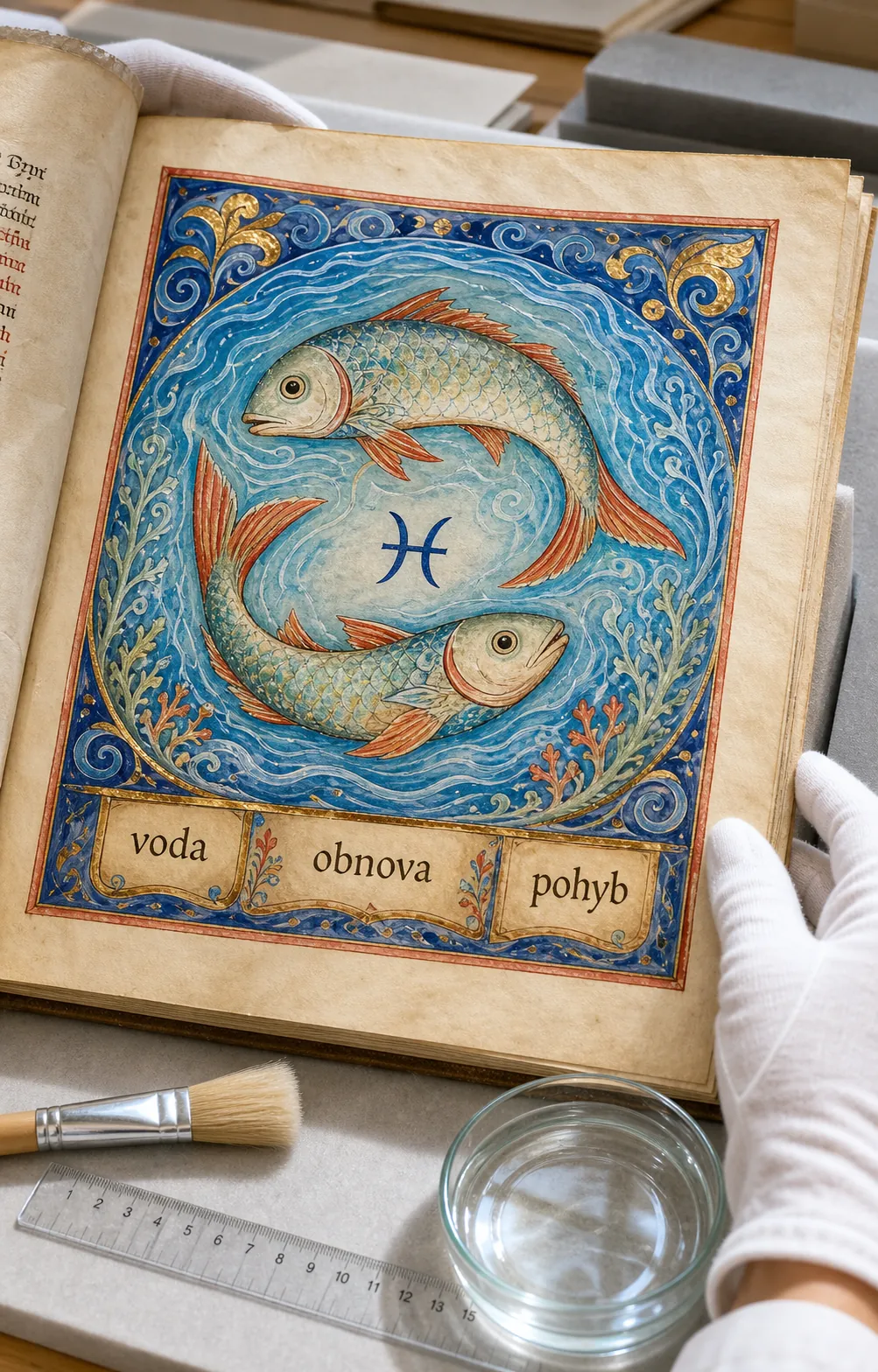 two fish zodiac symbol beside a bright medieval water illumination