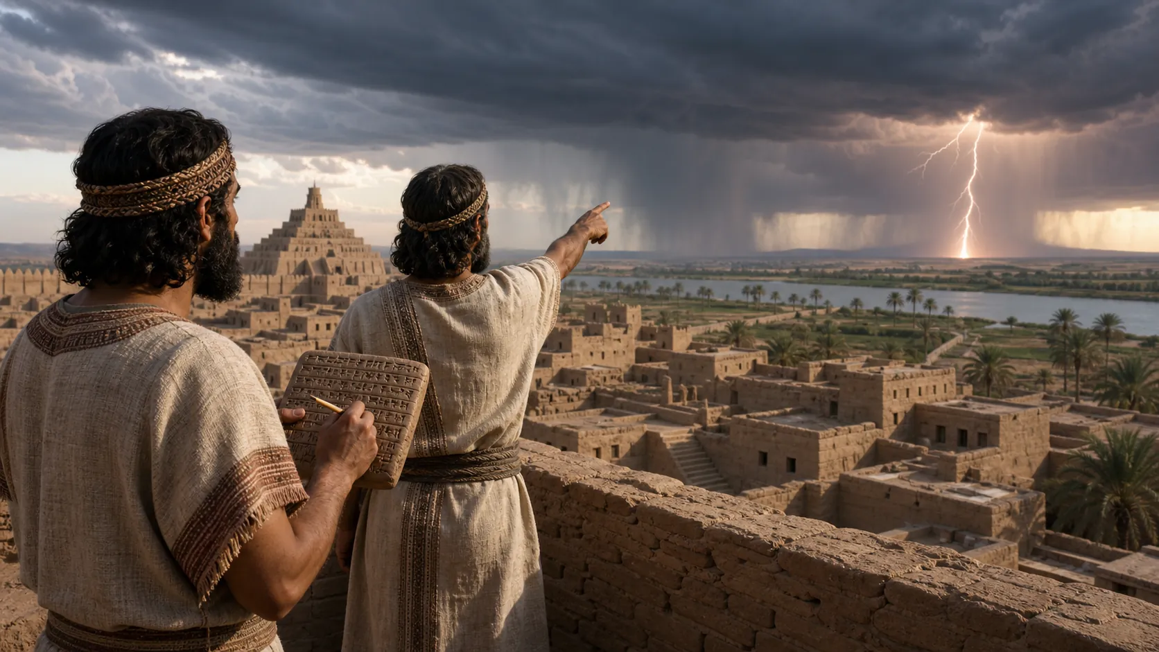 ancient observers watching a storm above a city