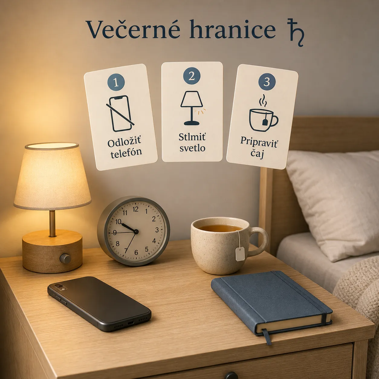 bright bedside scene with a notebook clock and soft lighting