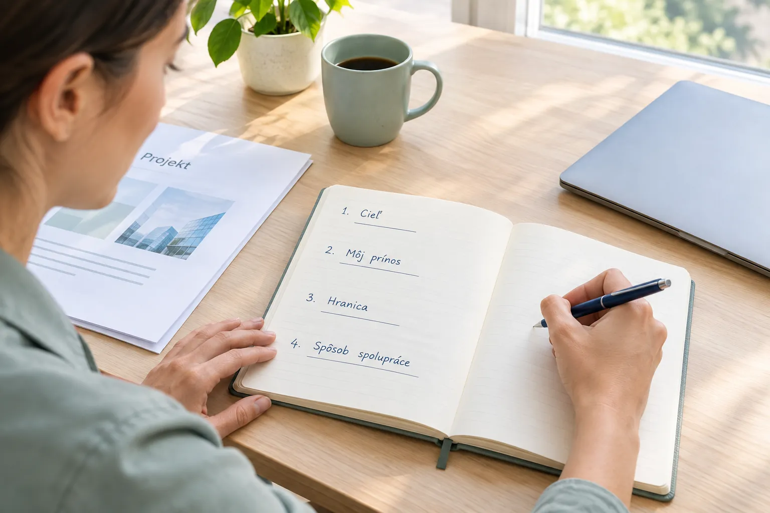 employee writing down project contributions and boundaries at a sunlit desk