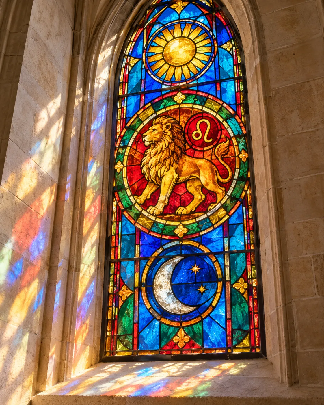 sunlit stained glass zodiac window in a historic interior