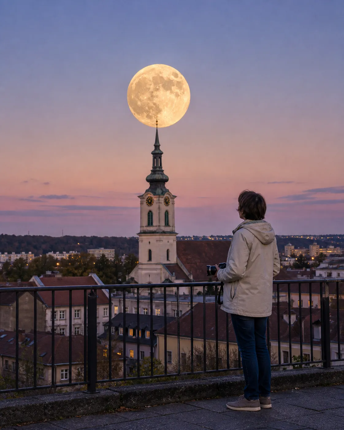 large moon near a city horizon