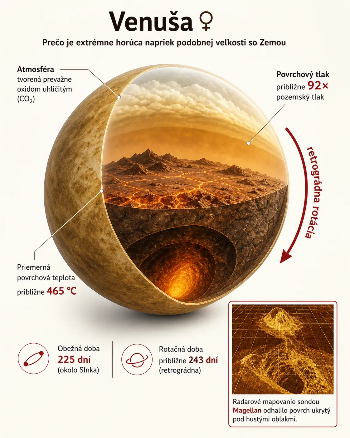 scientific cutaway of Venus atmosphere surface and rotation