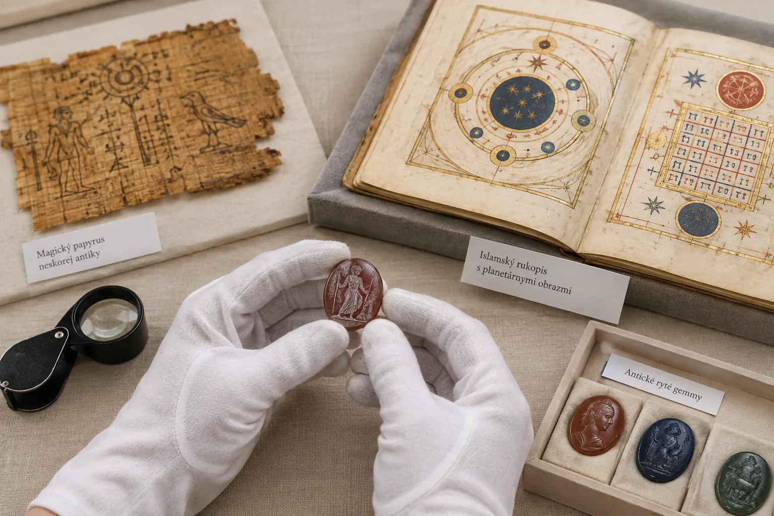 ancient engraved gemstone and historical manuscript