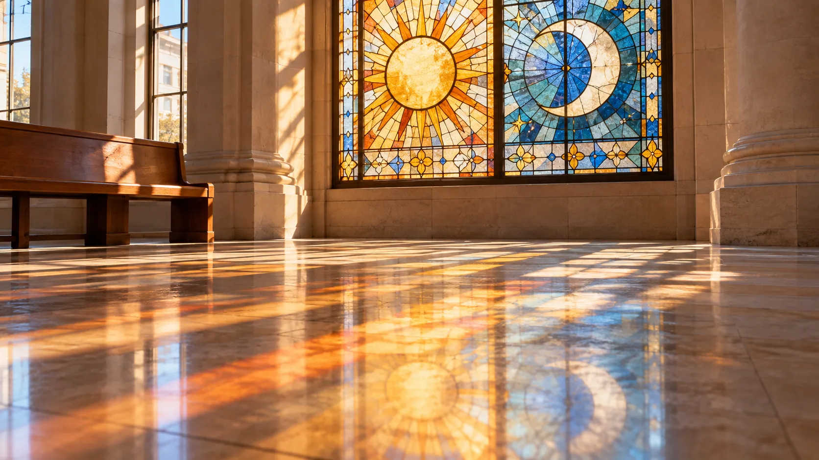 afternoon light moving across a stained glass moon and sun in a civic hall