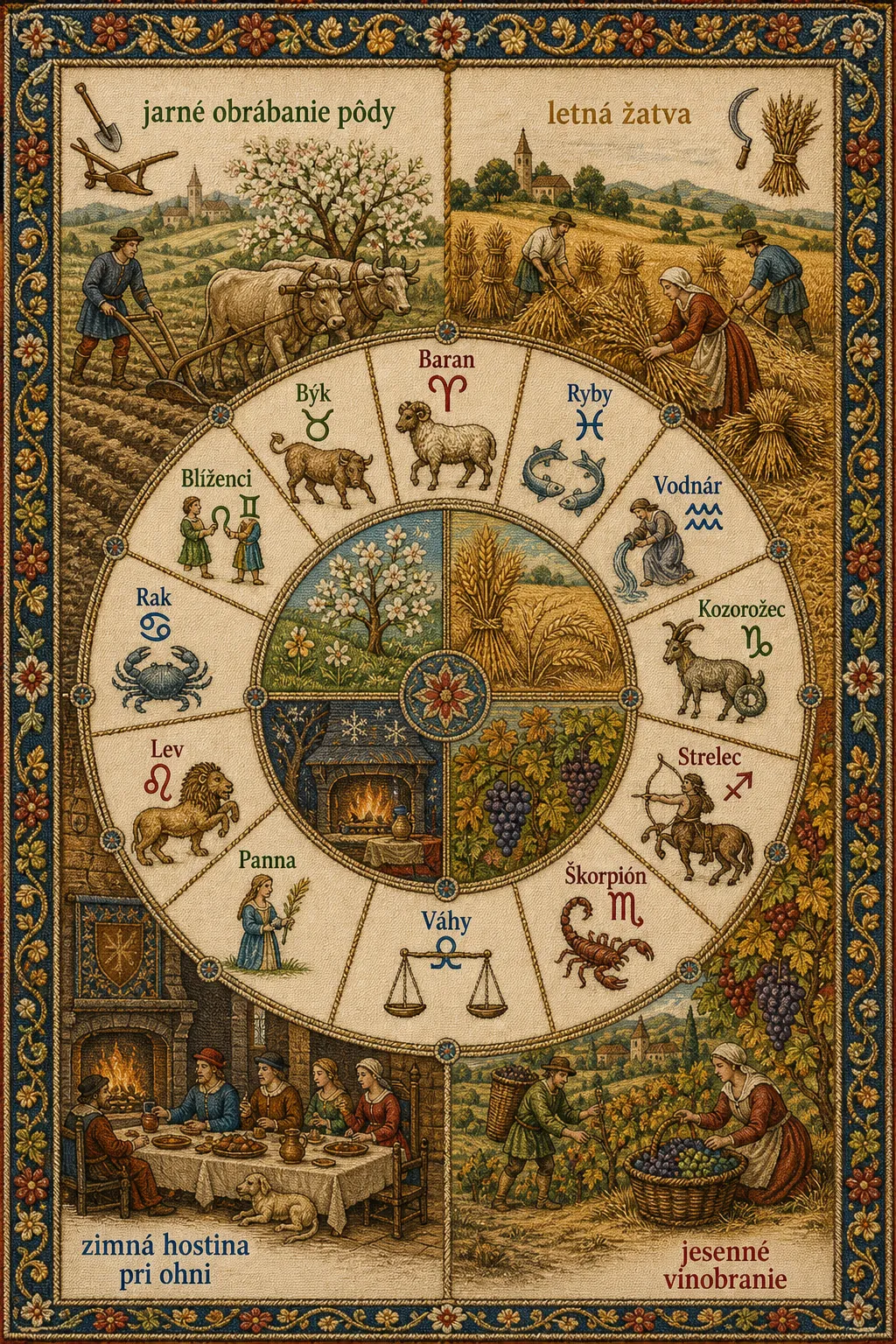zodiac calendar woven into a seasonal tapestry
