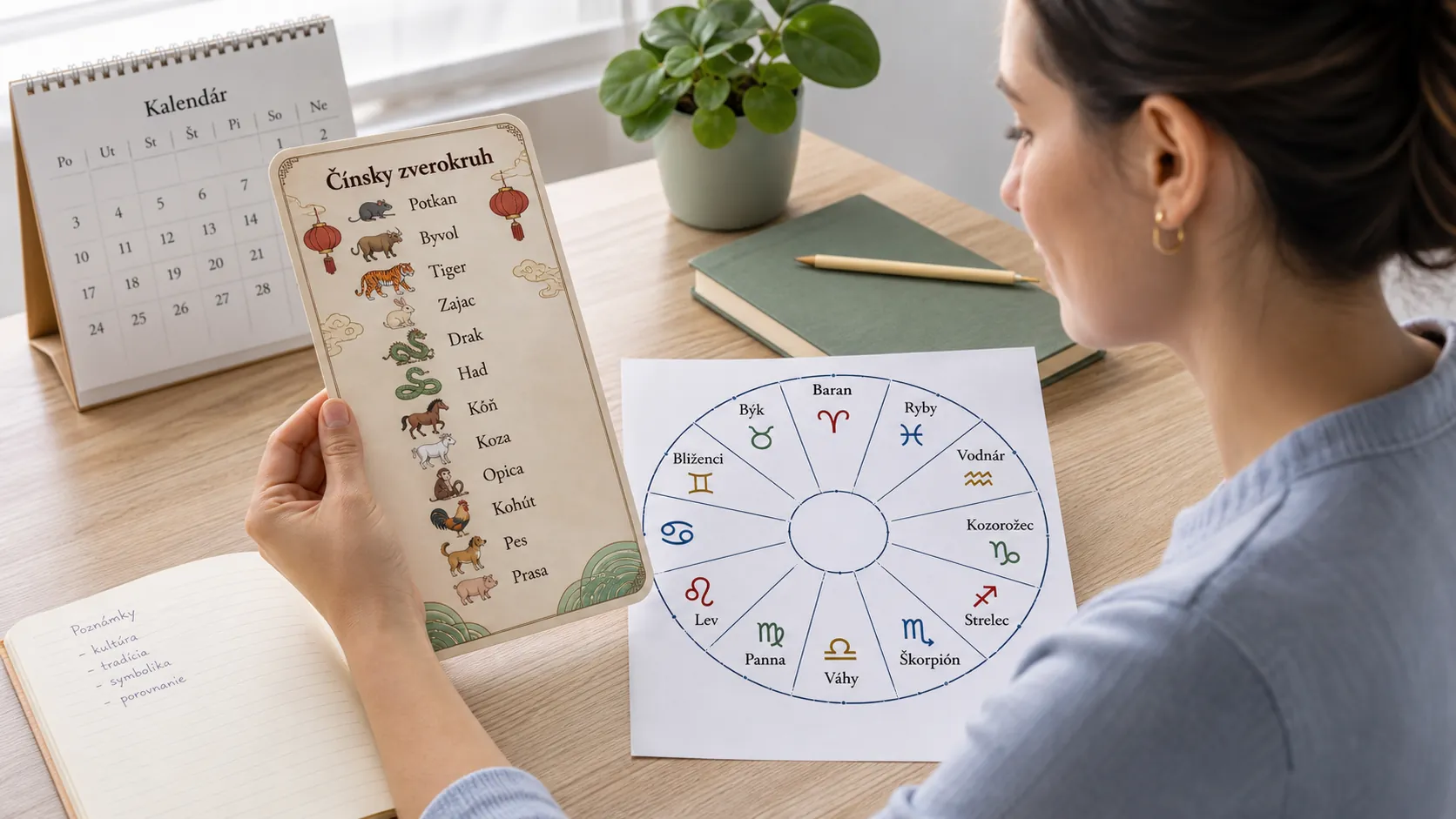 person comparing Chinese zodiac calendar and Western birth chart