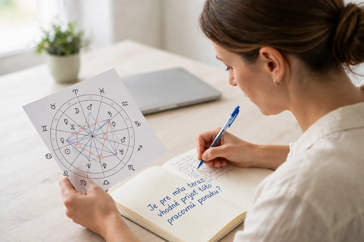 person writing a focused question beside a horary chart