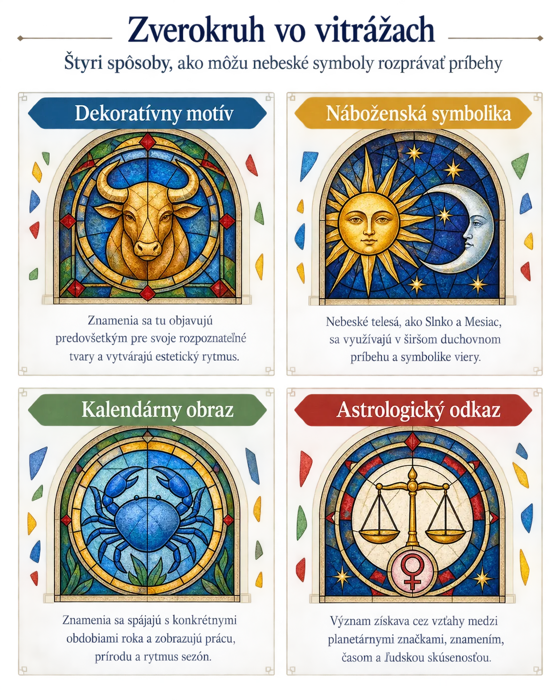 editorial infographic distinguishing decorative calendar religious and astrological stained glass meanings