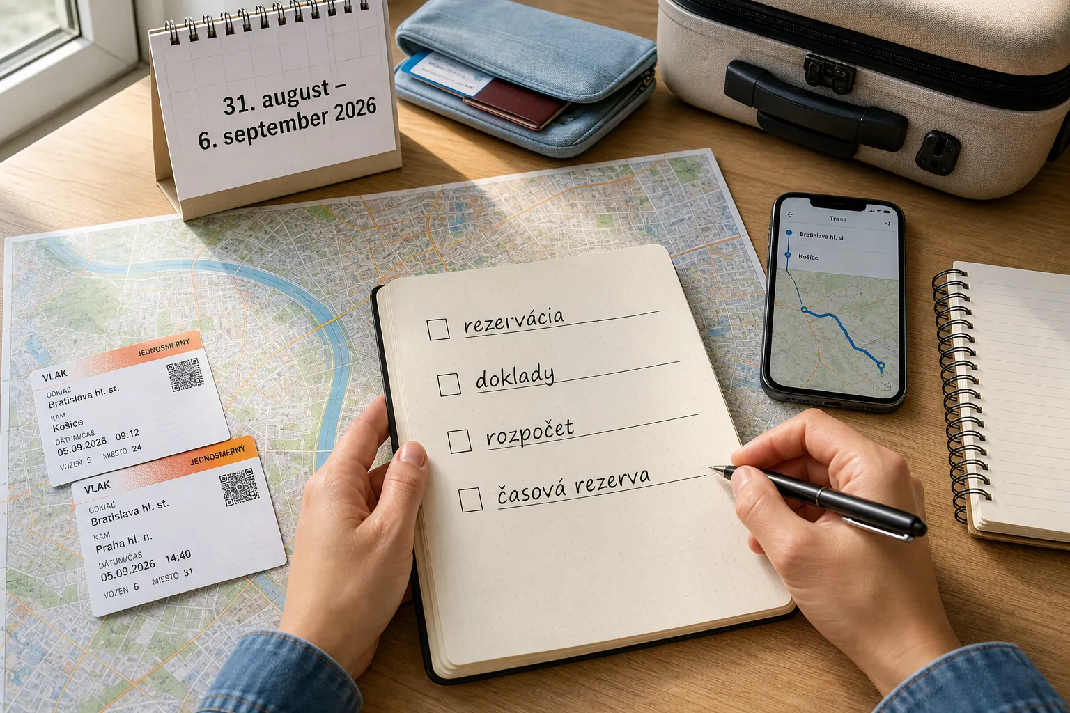 organized travel planning with maps and train tickets