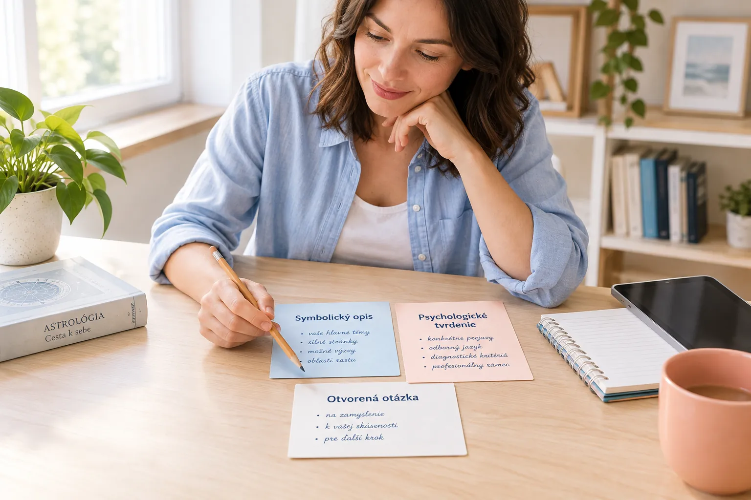 person comparing symbolic astrology notes with psychological assessment language