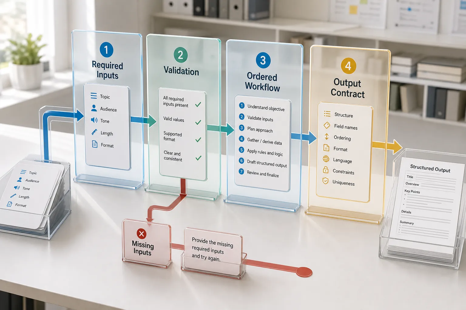 ordered workflow from input validation to final AI output