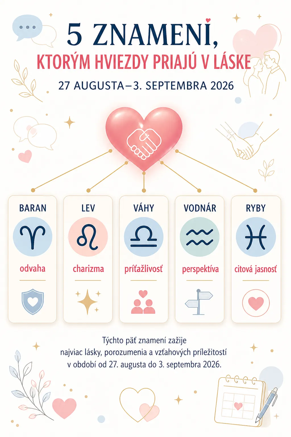 five zodiac signs favored in love from 27 August to 3 September 2026