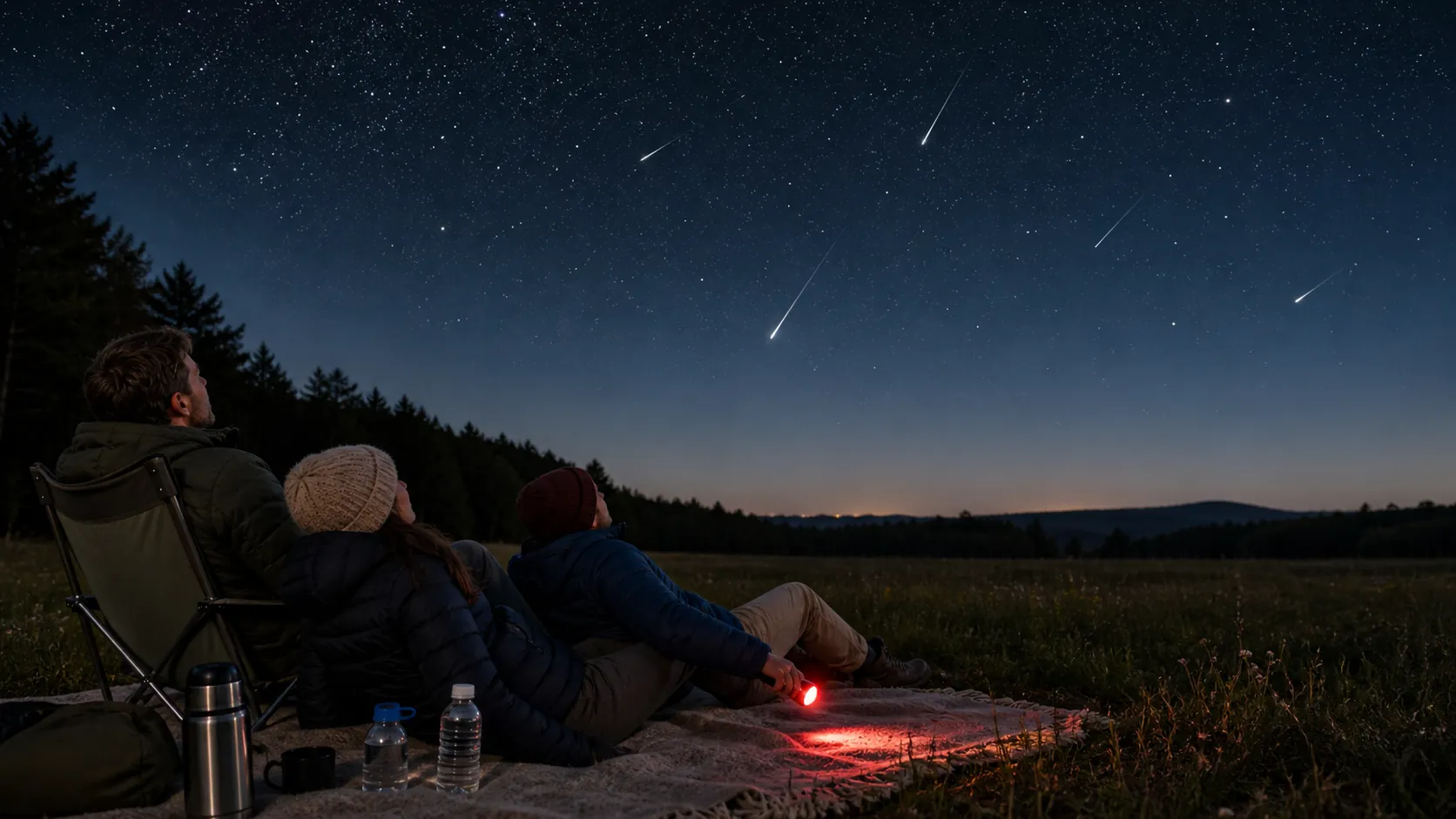friends observing meteors from a quiet countryside meadow