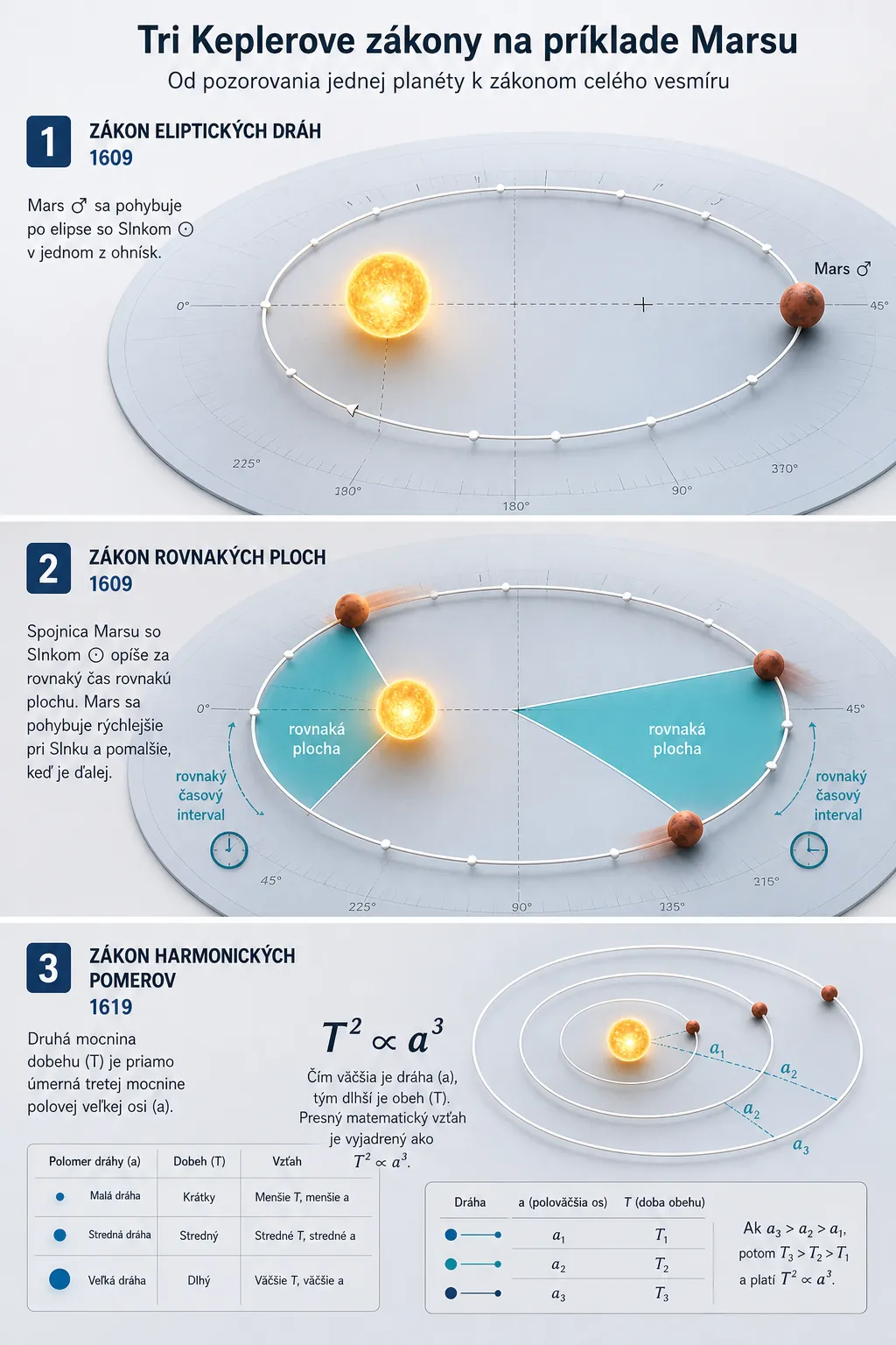 three Kepler laws shown through Mars orbit geometry and period comparison