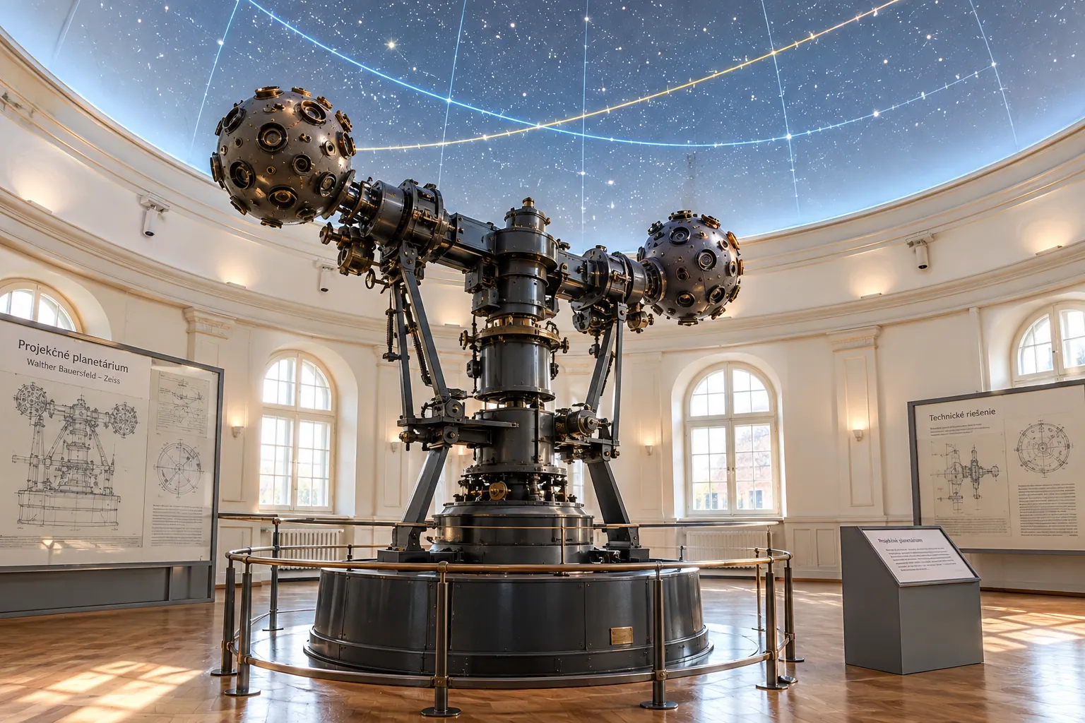 historic mechanical planetarium projector under a bright dome