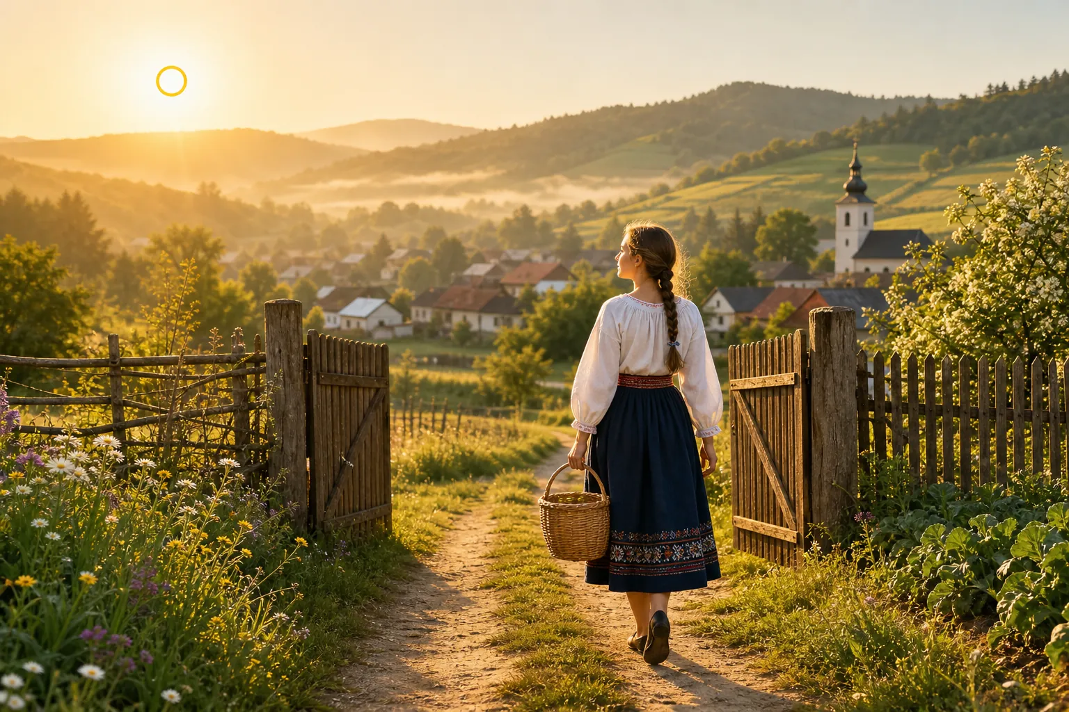 bright Slovak village sunrise and folk textile details