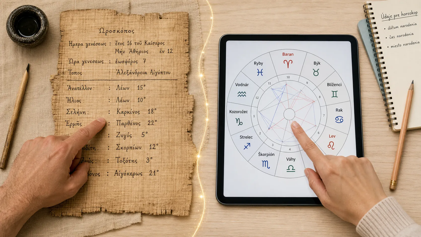 editorial infographic comparing ancient horoscope notation and modern birth chart