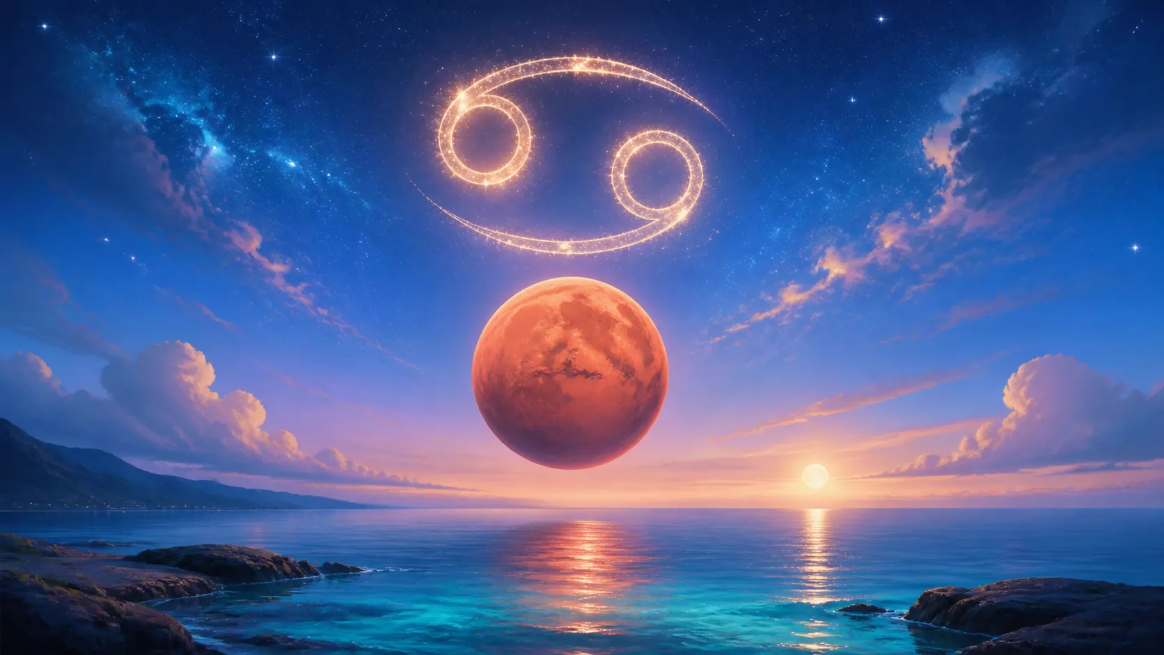 červená planéta Mars nad pokojným oceánom