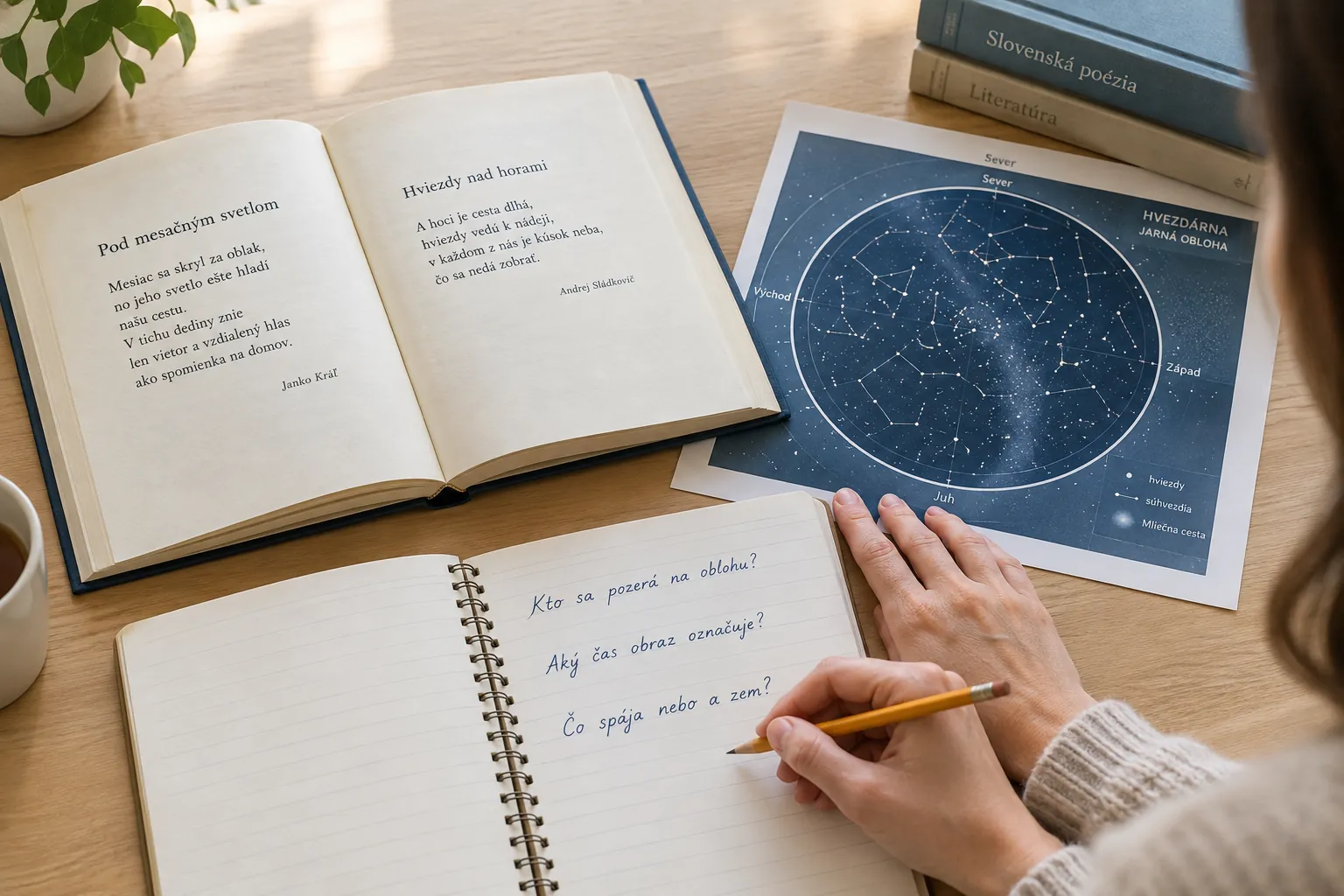 reader annotating a Slovak poetry book beside a star map