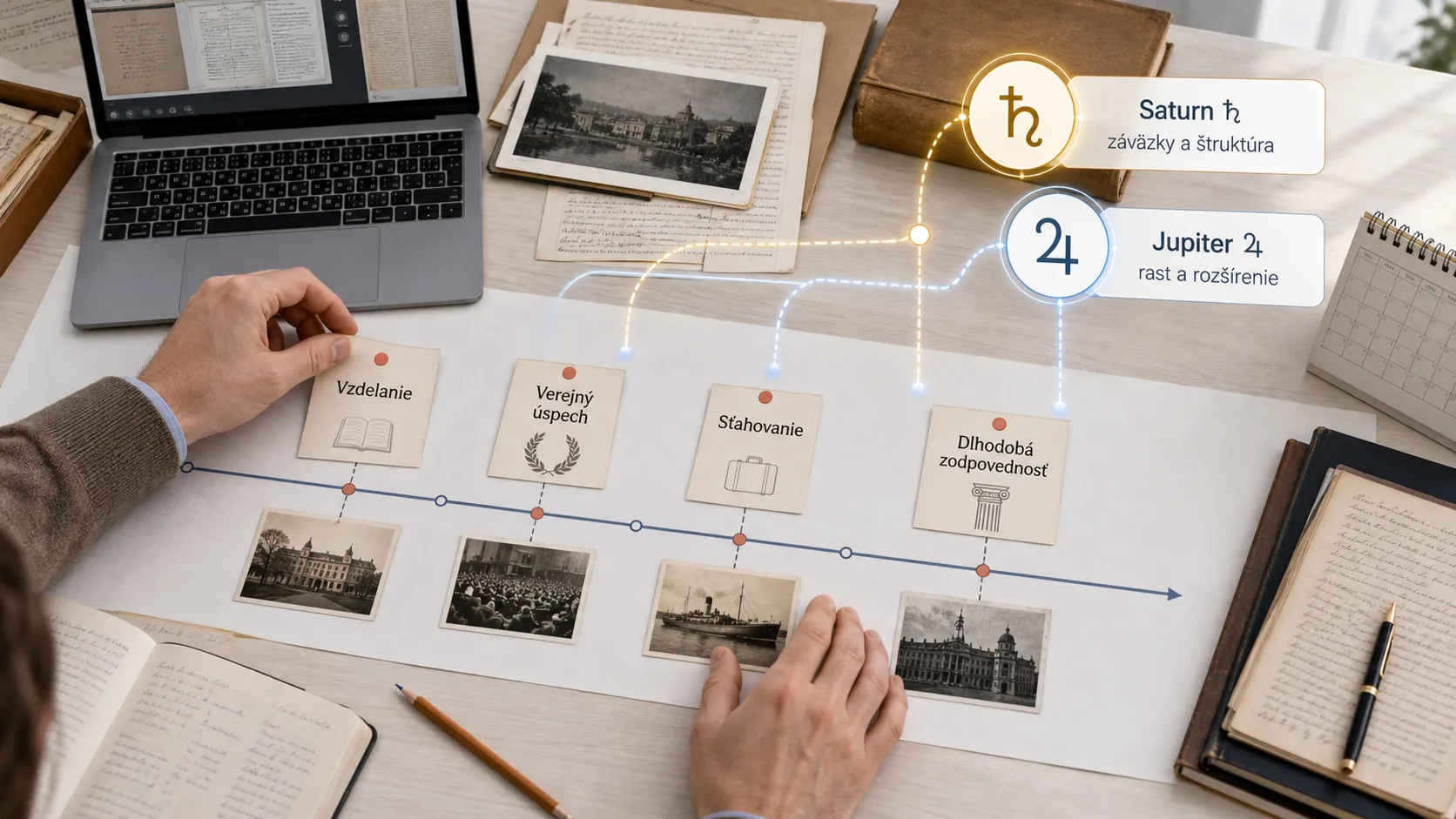 researcher building a historical timeline beside planetary transit symbols