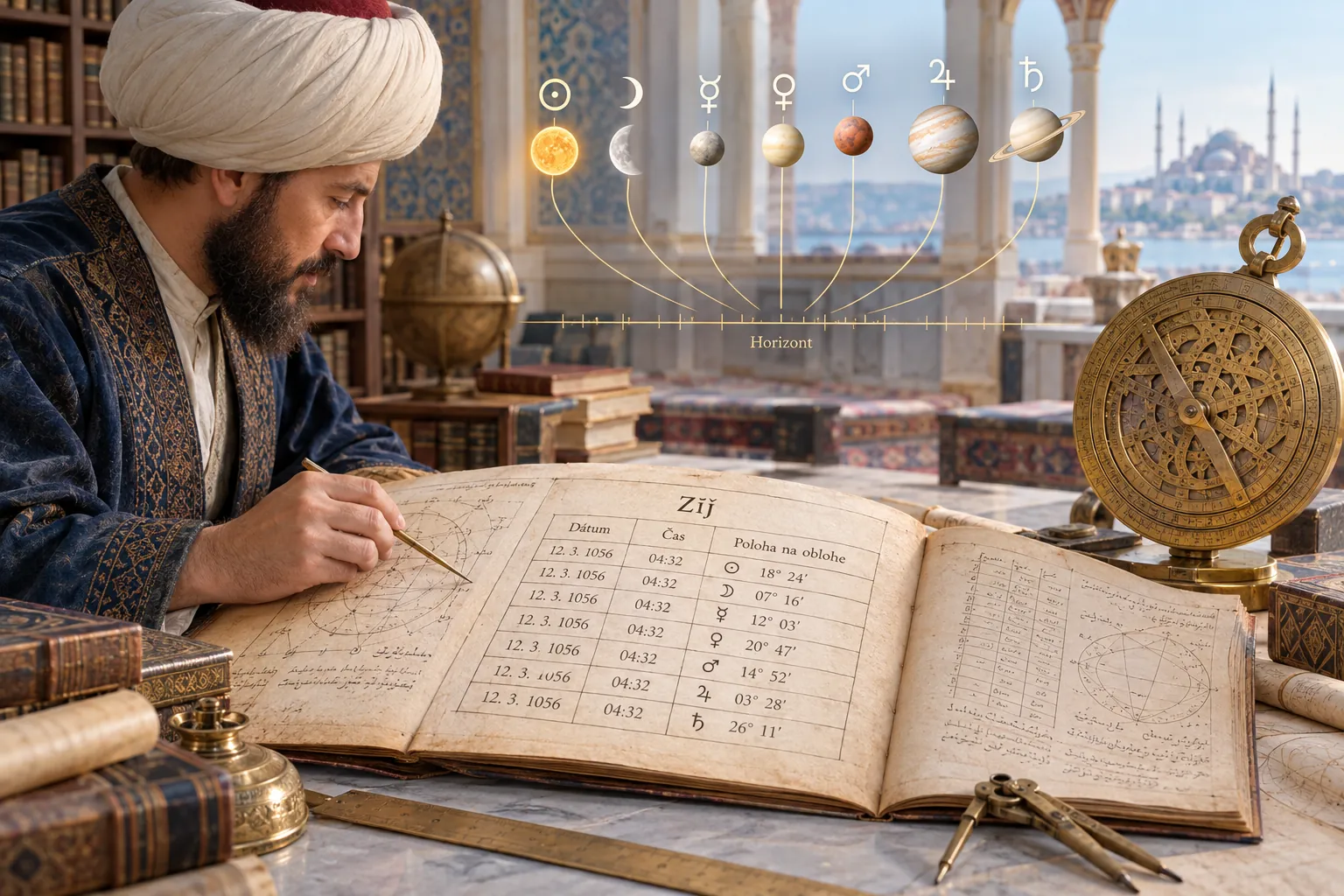 Ottoman astronomer studying celestial tables in a palace library